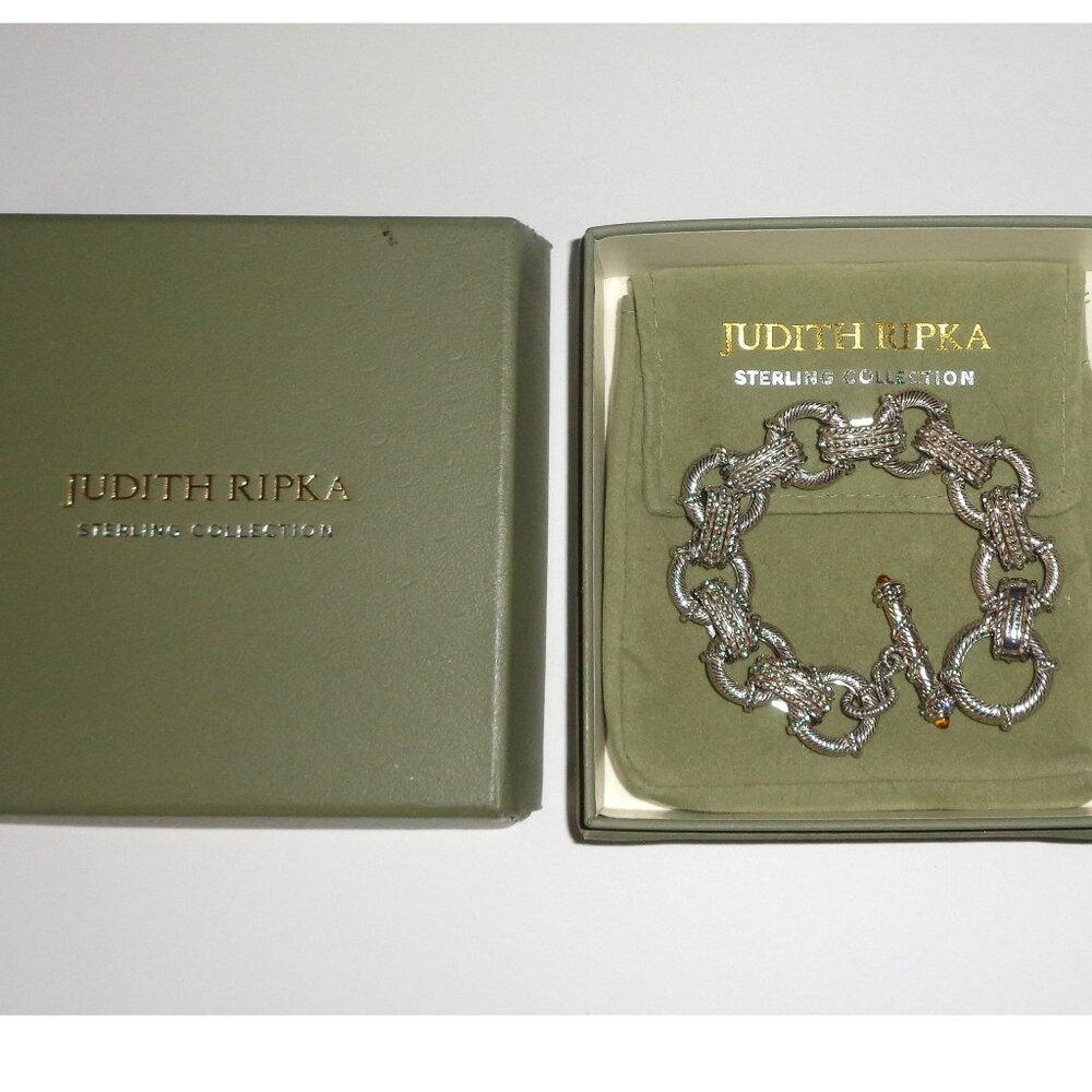 Judith Ripka 925 Sterling Silver Textured Rope Chain Link 7.5" Bracelet Citrine